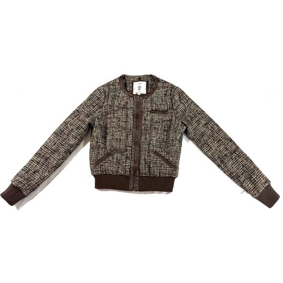 Forever 21 I Love H81 Tweed Bomber Jacket M Brown Faux Leather Zip Plaid Lined - Picture 1 of 10